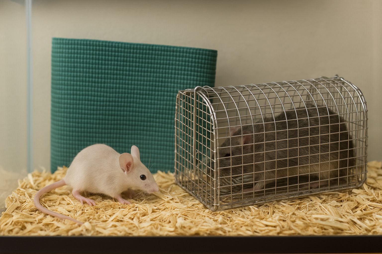 Svartvit mus med stora öron som utforskar inomhusmiljö.